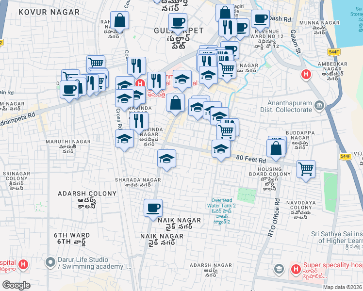 map of restaurants, bars, coffee shops, grocery stores, and more near 12-4-959 80 Feet Road in Anantapur