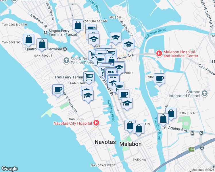 map of restaurants, bars, coffee shops, grocery stores, and more near C. Arellano Street in Malabon City