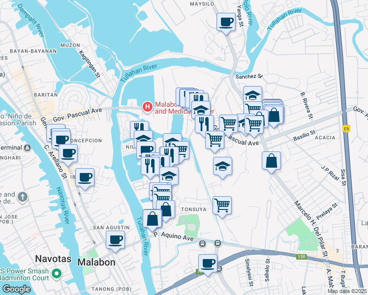 map of restaurants, bars, coffee shops, grocery stores, and more near Sanciangco Street in Malabon City