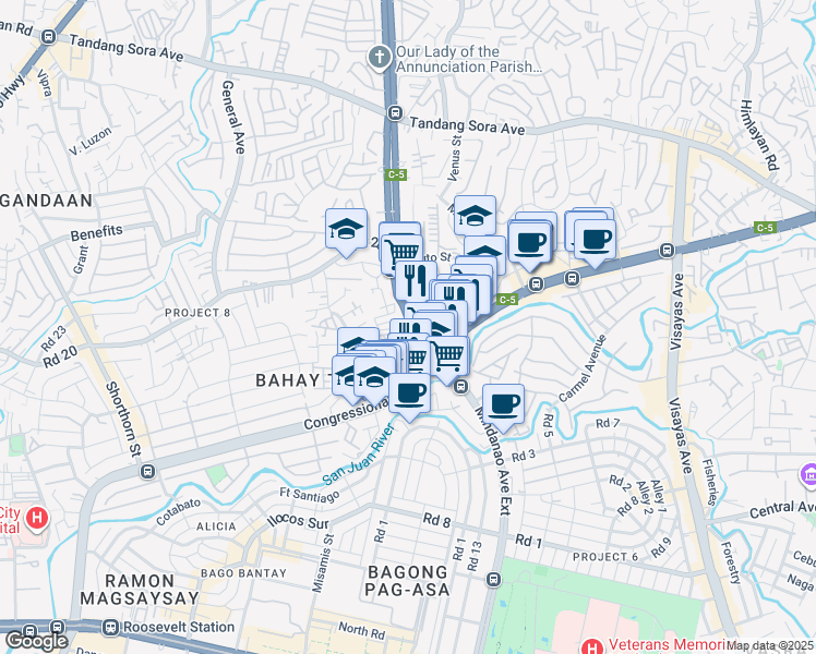 map of restaurants, bars, coffee shops, grocery stores, and more near 3 C-5 in Quezon City