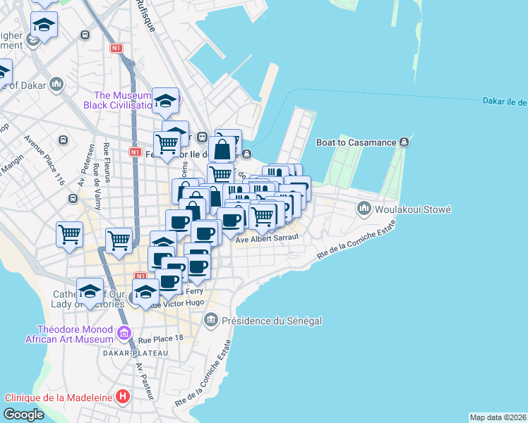 map of restaurants, bars, coffee shops, grocery stores, and more near Boulevard El Hadji Djily Mbaye in Dakar