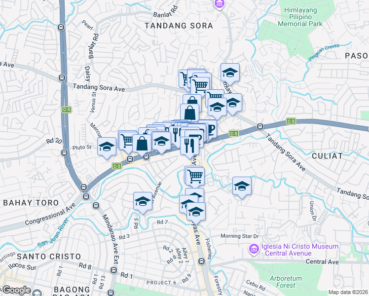 map of restaurants, bars, coffee shops, grocery stores, and more near 28 Visayas Avenue in Quezon City