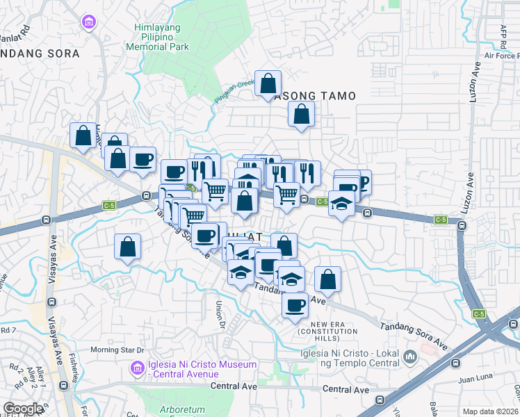 map of restaurants, bars, coffee shops, grocery stores, and more near Tulips in Quezon City