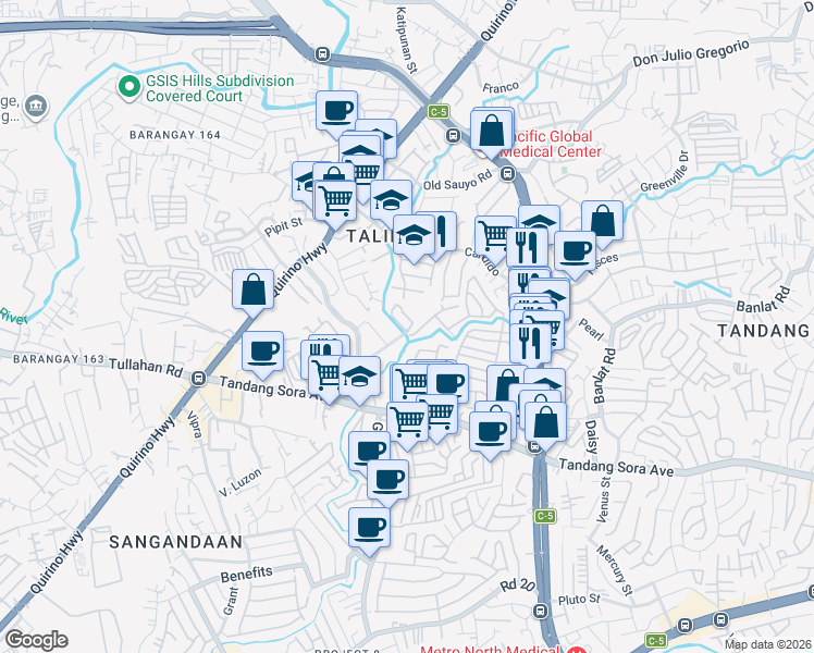 map of restaurants, bars, coffee shops, grocery stores, and more near Tandang Sora Avenue in Quezon City