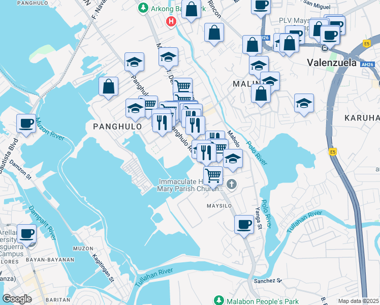 map of restaurants, bars, coffee shops, grocery stores, and more near Panghulo Road in Malabon City