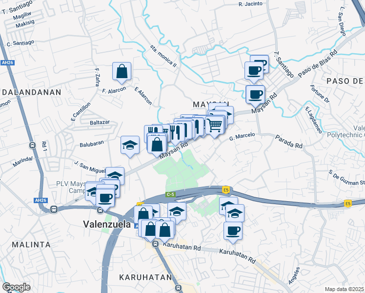 map of restaurants, bars, coffee shops, grocery stores, and more near Maysan Road in Valenzuela City