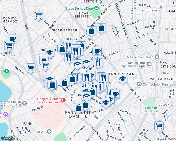 map of restaurants, bars, coffee shops, grocery stores, and more near Allees Seydou Nourou Tall in Dakar