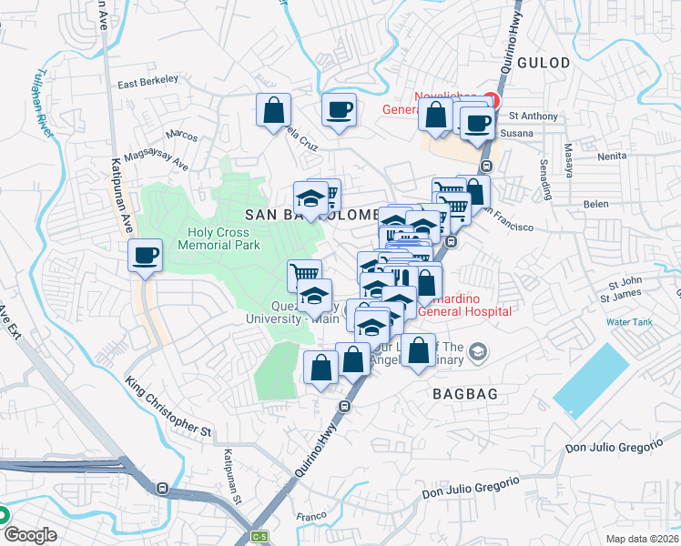 map of restaurants, bars, coffee shops, grocery stores, and more near 1st in Quezon City
