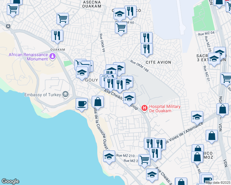 map of restaurants, bars, coffee shops, grocery stores, and more near Avenue Cheikh Anta Diop in Dakar