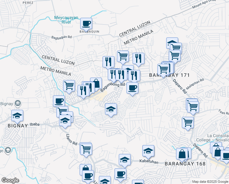 map of restaurants, bars, coffee shops, grocery stores, and more near Bagumbong Road in Caloocan