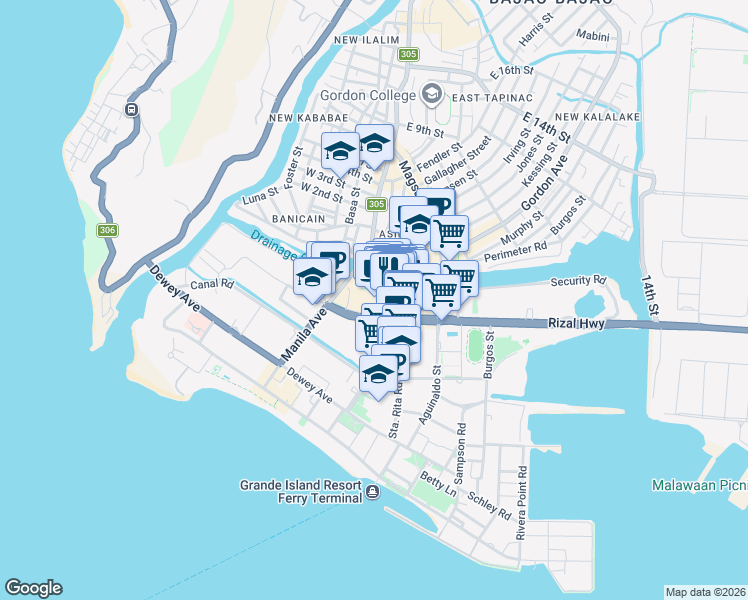 map of restaurants, bars, coffee shops, grocery stores, and more near Ayala Harbor Point lane 1 in Subic Bay Freeport Zone