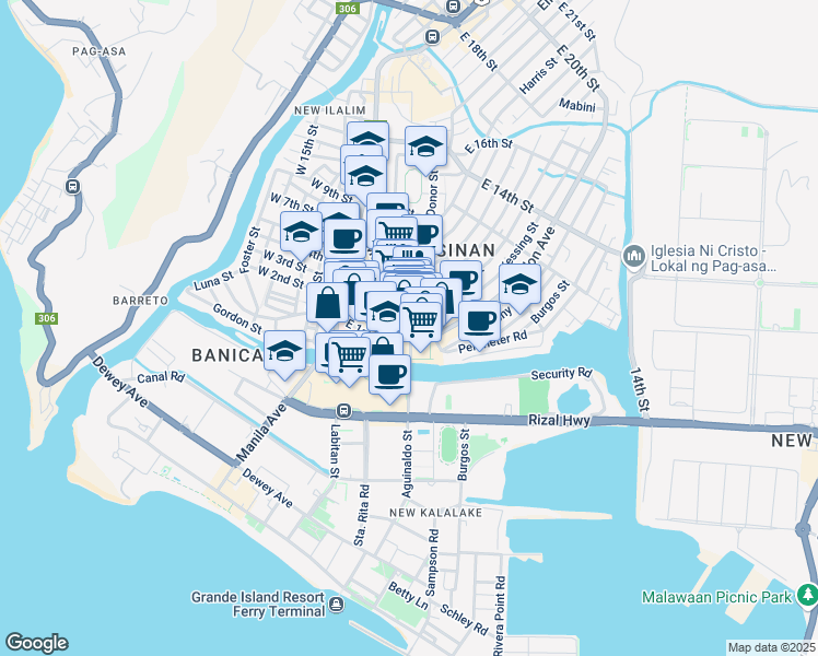 map of restaurants, bars, coffee shops, grocery stores, and more near East 1st Street in Olongapo