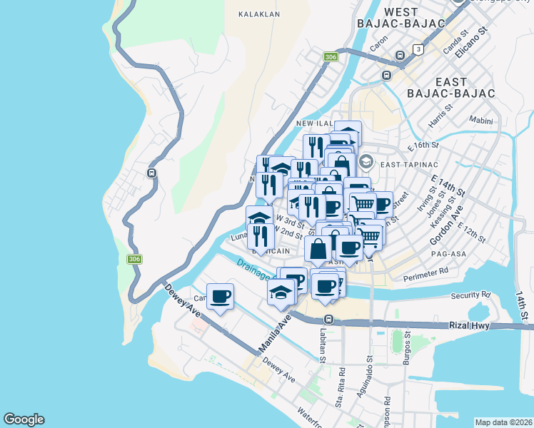 map of restaurants, bars, coffee shops, grocery stores, and more near Foster Street in Olongapo City