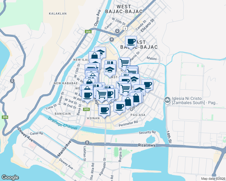 map of restaurants, bars, coffee shops, grocery stores, and more near Fendler Street in Olongapo City