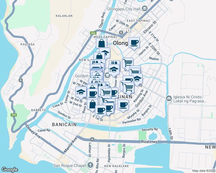 map of restaurants, bars, coffee shops, grocery stores, and more near East 9th St. in Olongapo City