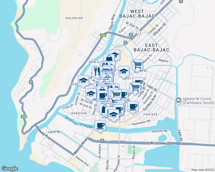 map of restaurants, bars, coffee shops, grocery stores, and more near Rizal Avenue Extension in Olongapo City