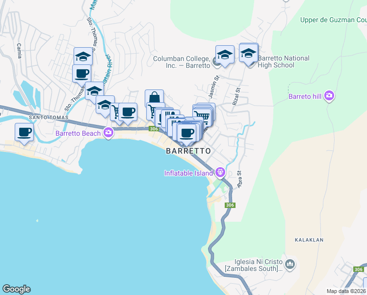 map of restaurants, bars, coffee shops, grocery stores, and more near Macaraeg Street in Olongapo City