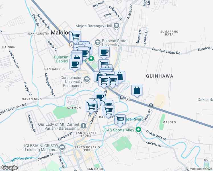 map of restaurants, bars, coffee shops, grocery stores, and more near 103 MacArthur Highway in Malolos