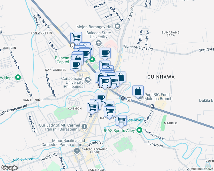 map of restaurants, bars, coffee shops, grocery stores, and more near 103 MacArthur Highway in Malolos