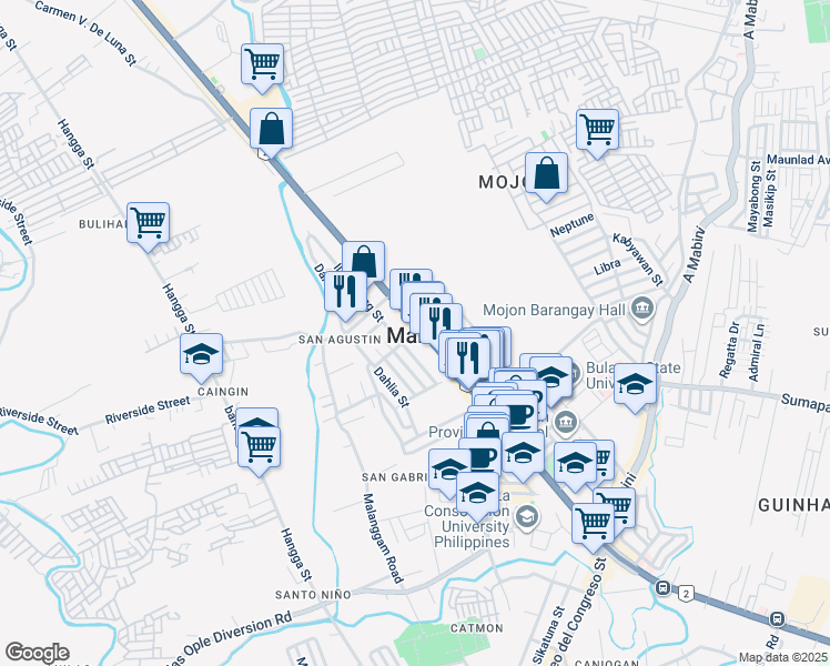map of restaurants, bars, coffee shops, grocery stores, and more near Malanggam Road in Malolos City