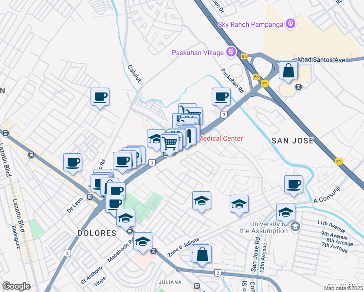 map of restaurants, bars, coffee shops, grocery stores, and more near Jose Abad Santos Avenue in San Fernando