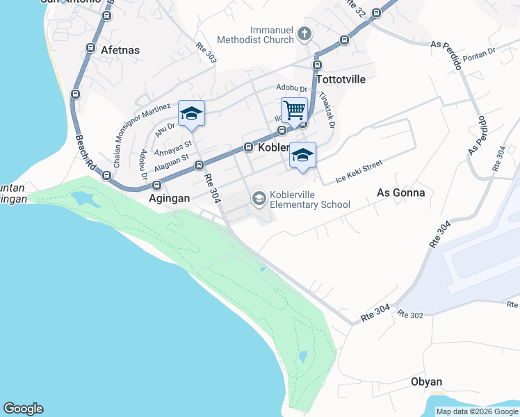 map of restaurants, bars, coffee shops, grocery stores, and more near As Gonno Road in Koblerville
