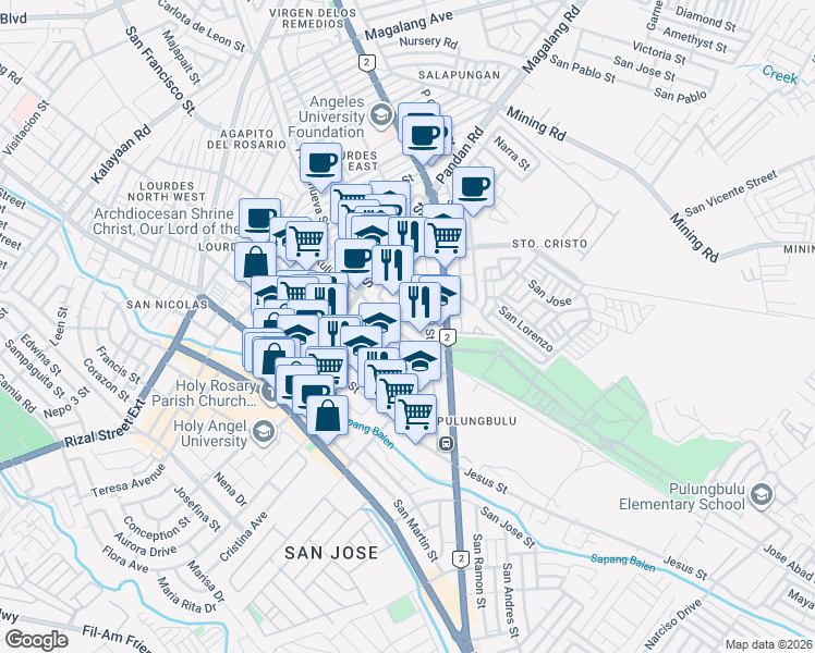 map of restaurants, bars, coffee shops, grocery stores, and more near J. Surla Street in Angeles City