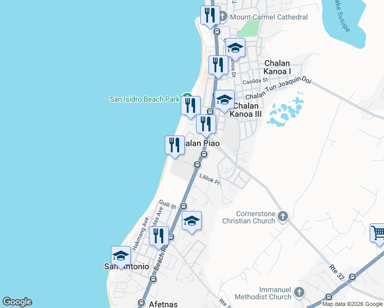 map of restaurants, bars, coffee shops, grocery stores, and more near in Chalan Piao