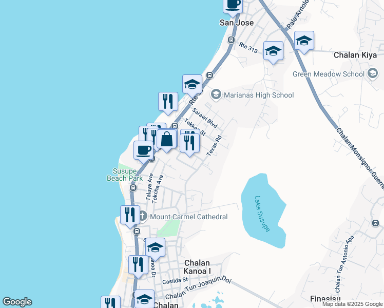 map of restaurants, bars, coffee shops, grocery stores, and more near Nauru Loop in Susupe