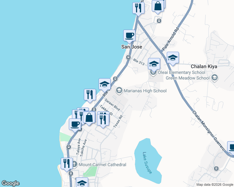 map of restaurants, bars, coffee shops, grocery stores, and more near Texas Road in Susupe
