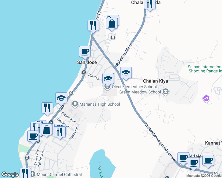 map of restaurants, bars, coffee shops, grocery stores, and more near Oleai Street in Susupe