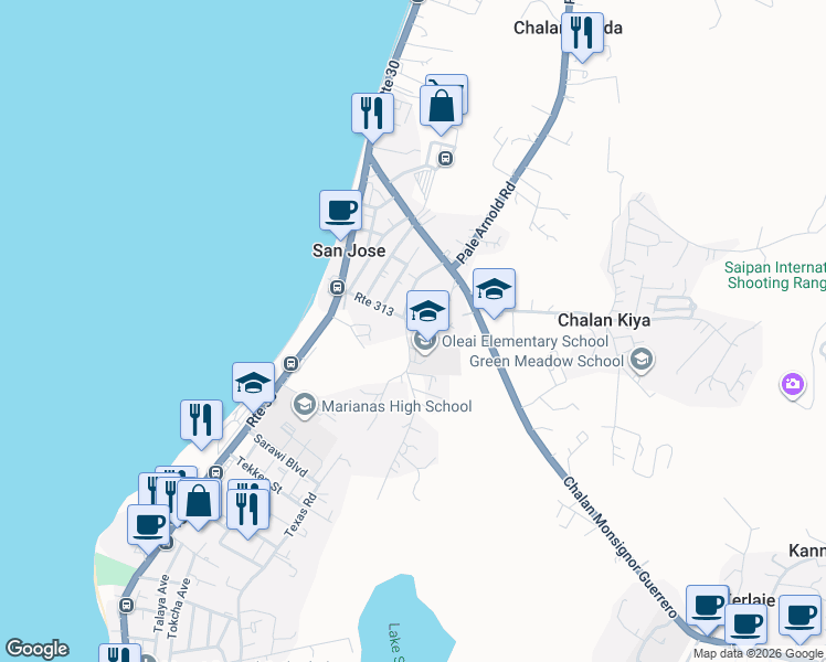 map of restaurants, bars, coffee shops, grocery stores, and more near Route 32 in Chalan Kanoa