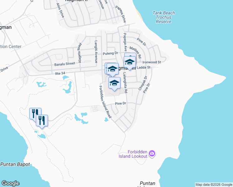 map of restaurants, bars, coffee shops, grocery stores, and more near Pine Drive in Kagman