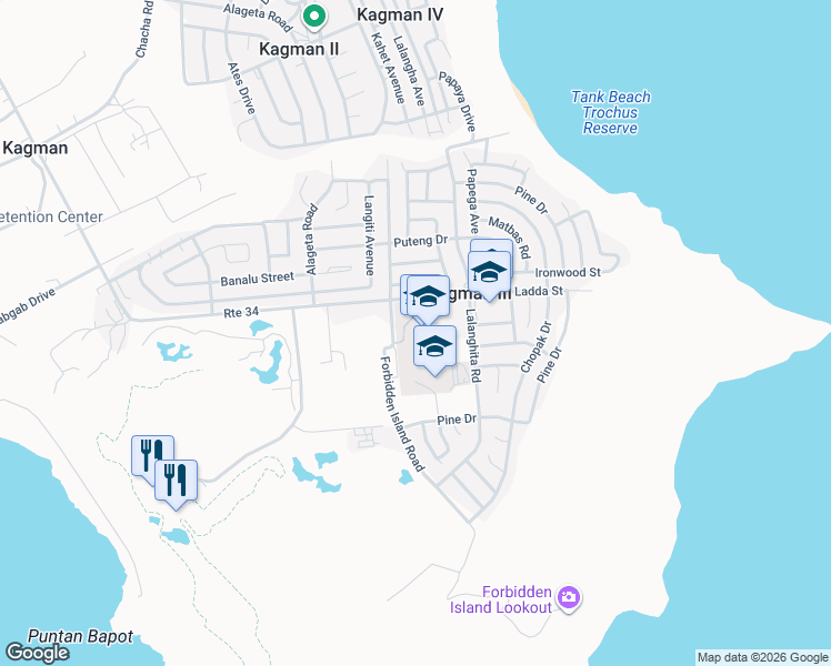 map of restaurants, bars, coffee shops, grocery stores, and more near Kagman Road in Kagman