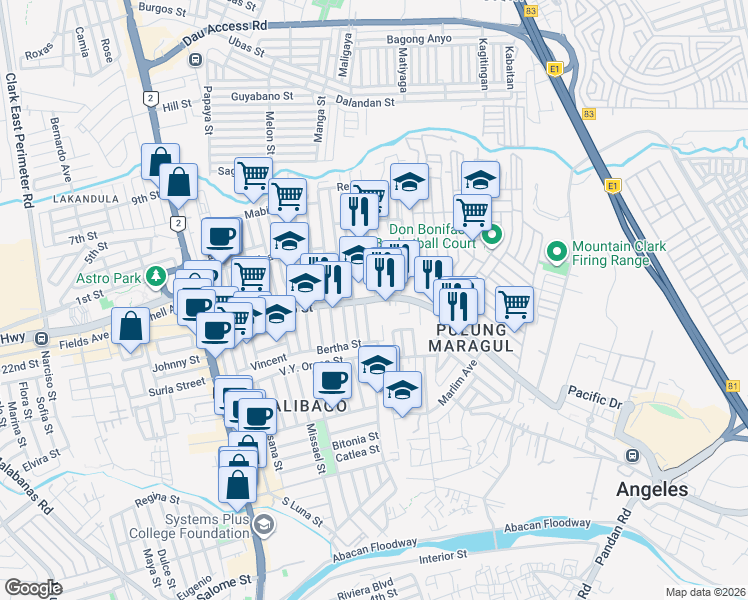 map of restaurants, bars, coffee shops, grocery stores, and more near Aniceto Gueco Street in Angeles City