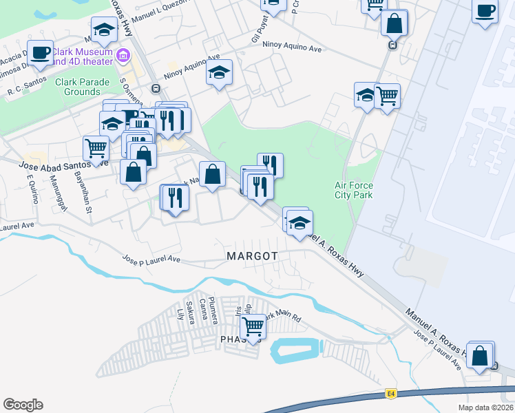 map of restaurants, bars, coffee shops, grocery stores, and more near Manuel A. Roxas Highway in Angeles City