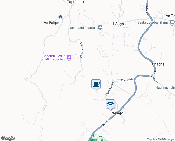 map of restaurants, bars, coffee shops, grocery stores, and more near Flame Tree Road in Saipan