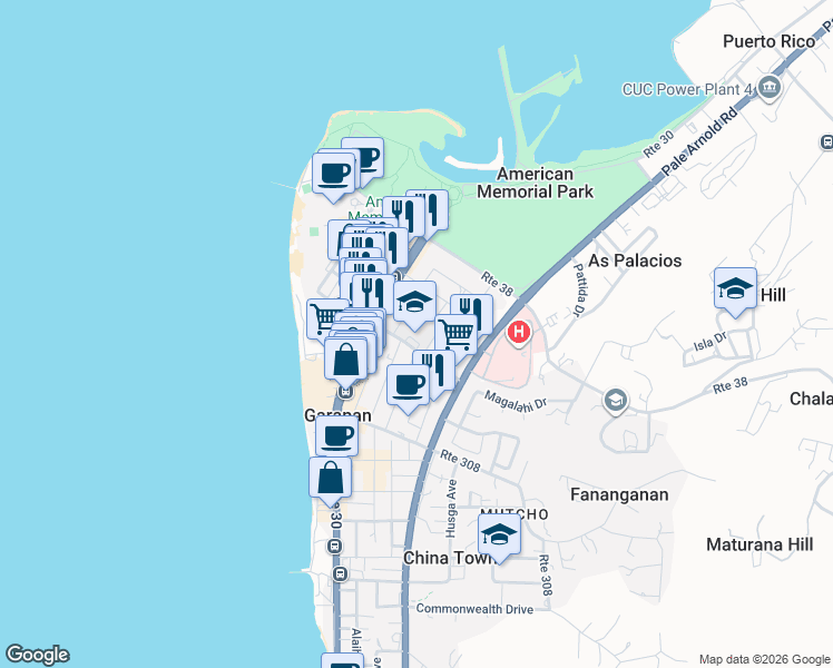 map of restaurants, bars, coffee shops, grocery stores, and more near Filooris Ave in Garapan