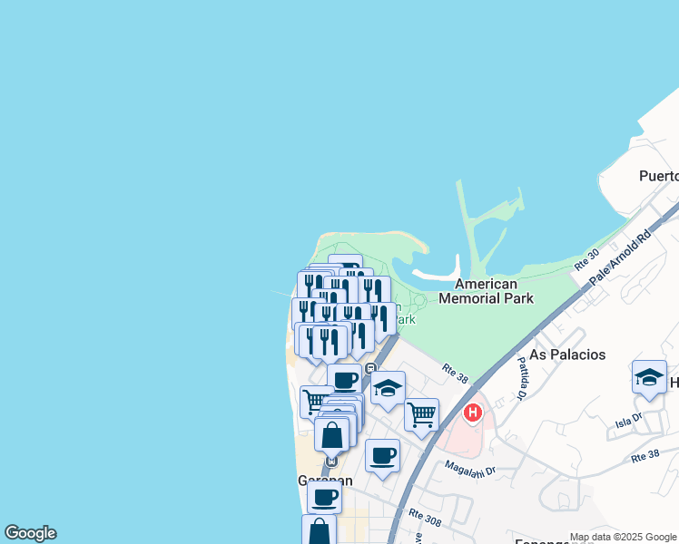 map of restaurants, bars, coffee shops, grocery stores, and more near Micro Beach Road in Garapan