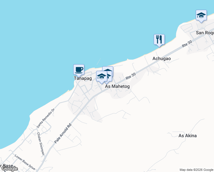 map of restaurants, bars, coffee shops, grocery stores, and more near Middle Road in Tanapag