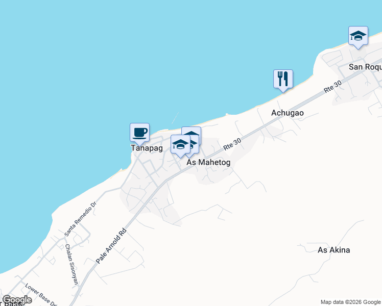 map of restaurants, bars, coffee shops, grocery stores, and more near Middle Road in Tanapag