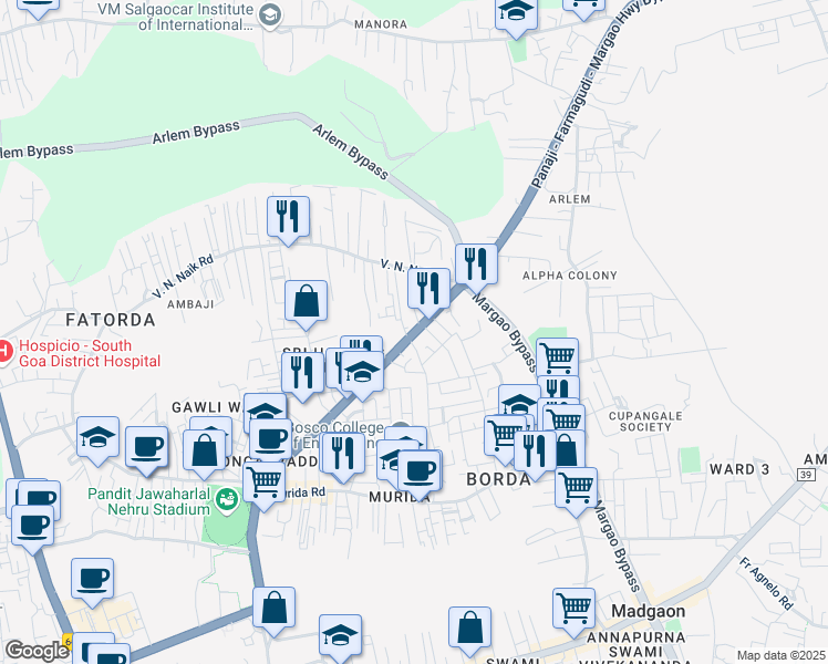 map of restaurants, bars, coffee shops, grocery stores, and more near Margao to Ponda Highway in Loutolim
