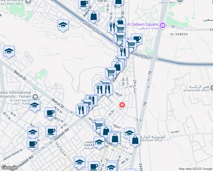 map of restaurants, bars, coffee shops, grocery stores, and more near in Sana'a
