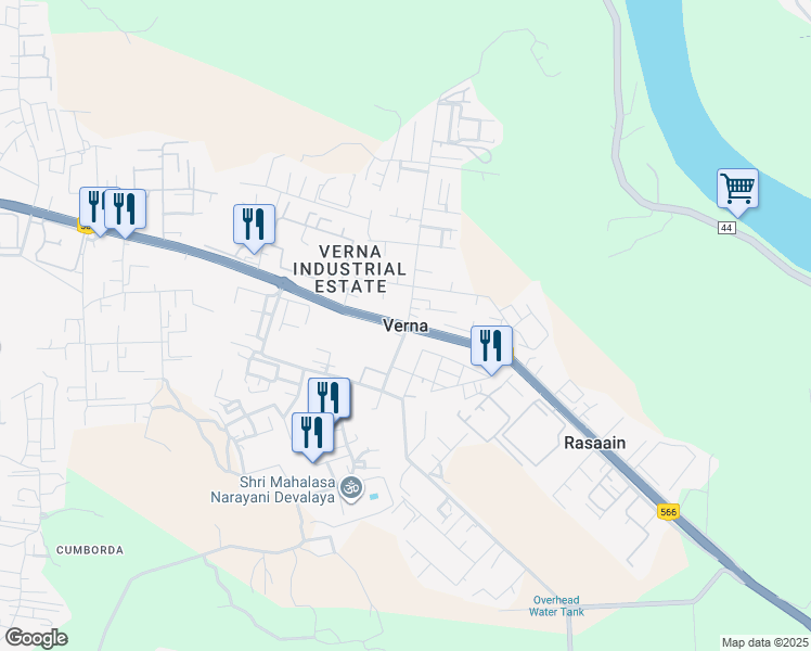 map of restaurants, bars, coffee shops, grocery stores, and more near National Highway 566 in Verna