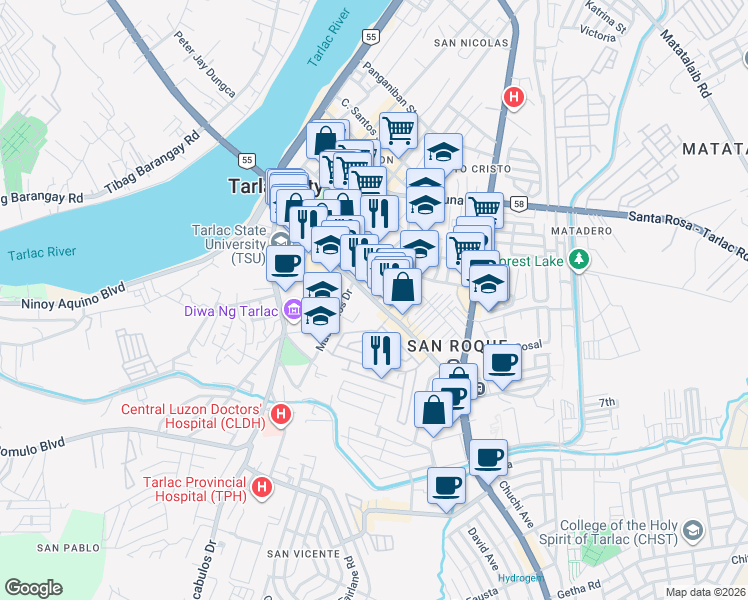 map of restaurants, bars, coffee shops, grocery stores, and more near Zamora Street in Tarlac City
