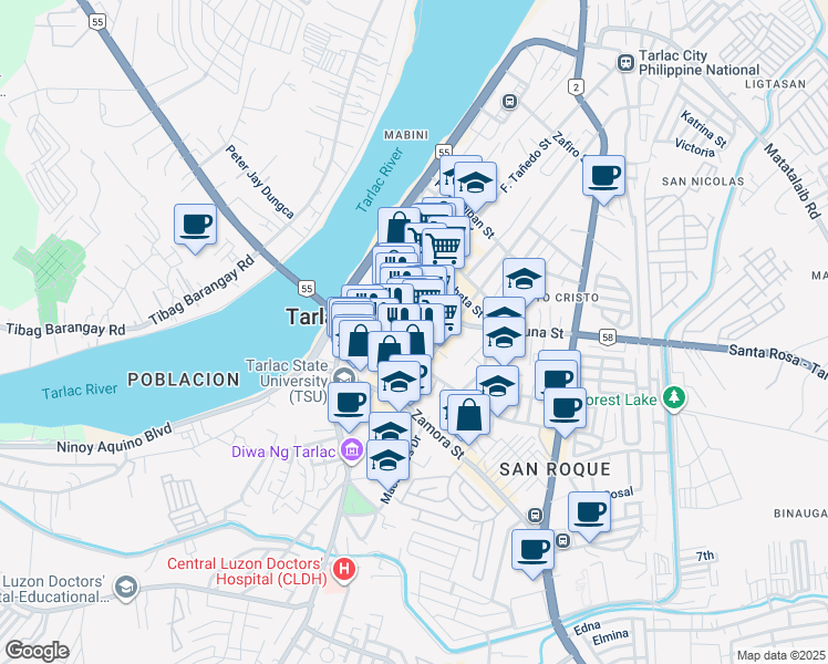 map of restaurants, bars, coffee shops, grocery stores, and more near Rizal Street in Tarlac City