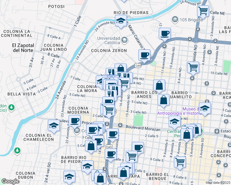 map of restaurants, bars, coffee shops, grocery stores, and more near Avenida Circunvalacion in San Pedro Sula
