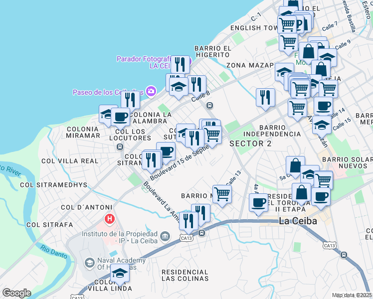 map of restaurants, bars, coffee shops, grocery stores, and more near Boulevard 15 de Septiembre in La Ceiba