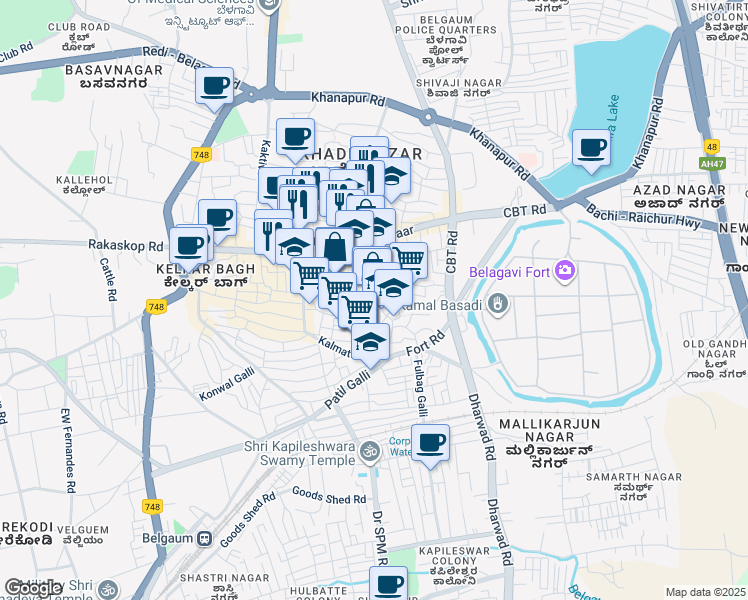map of restaurants, bars, coffee shops, grocery stores, and more near Bhendi Bazar in Belgaum