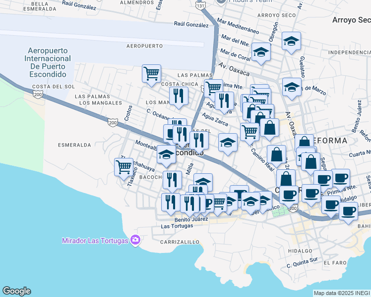 map of restaurants, bars, coffee shops, grocery stores, and more near in Puerto Escondido